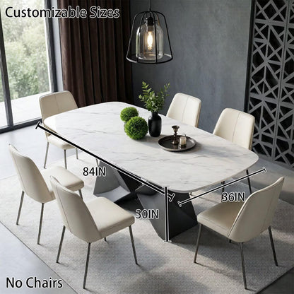 56"-96"White Marble Oval Dining Table, Modern Table with Geometric Metal Base for Kitchen