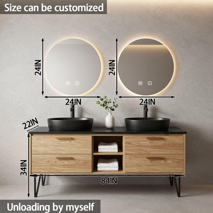 60”-84”Double Vanity, Light Wood Cabinet with Backlit LED Mirrors