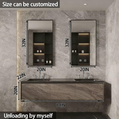 60"-84"Luxury Modern Bathroom Vanity with Black Stone Top & Smart Storage Mirrors