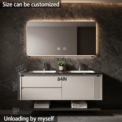 60”-84” Double Floating Vanity, Light Beige Cabinet with LED Backlit Mirror