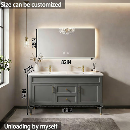 60"-84"Freestanding Gray Bathroom Vanity with Double Sinks & LED Mirror