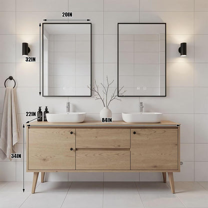 60"-96"Modern Scandinavian Bathroom Vanity with Double Sinks & Oak Cabinet