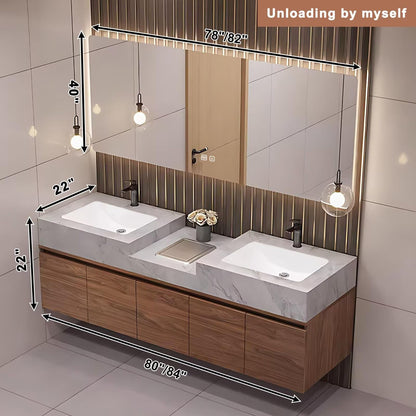 60”-84”Double Floating Vanity, Marble Top with Walnut Wood Cabinet & LED Strip