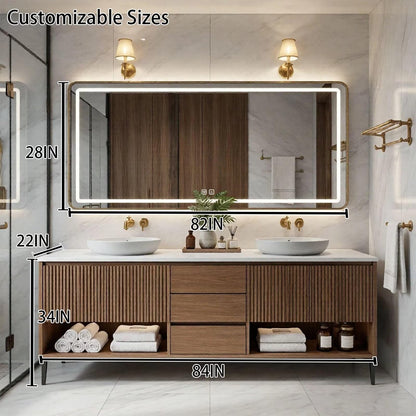 60"-96"Wood Fluted Bathroom Vanity with Double Vessel Sinks & LED Lighted Mirror