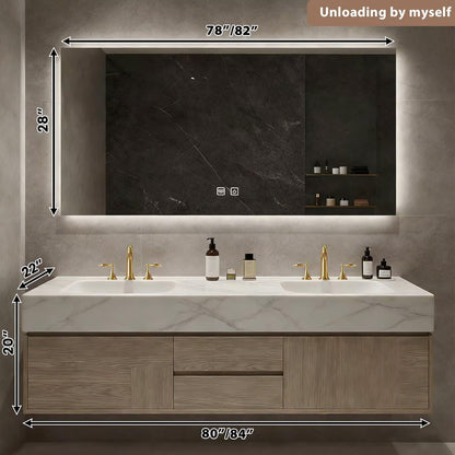 60”-84”Double Sink Floating Bathroom Vanity with LED Backlit Mirror, Wall Mounted Light Oak Vanity with White Marble Top