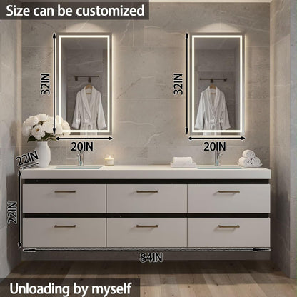 60”-84”Double Sink Floating Bathroom Vanity with LED Rectangular Mirrors, White Modern Cabinet
