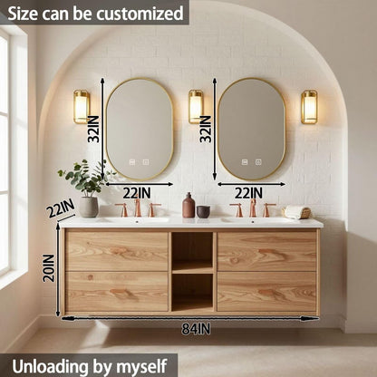 60”-84”Double Floating Vanity, Light Wood Cabinet with Gold Oval LED Mirrors