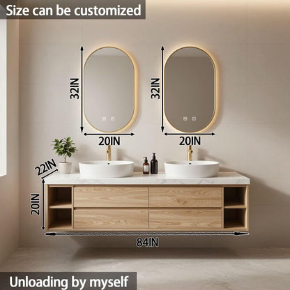 60”-84”Double Vanity, White Floating Cabinet with Gold Trim Oval LED Mirrors