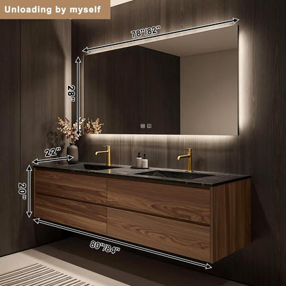 60”-84”Wall Mounted Double Sink Bathroom Vanity with LED Mirror, Wood Floating Cabinet with Black Stone Top, Natural Wood