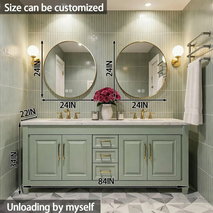 60”-96”Double Sink Bathroom Vanity with Gold Round Mirrors, Sage Green Cabinet & Marble Top