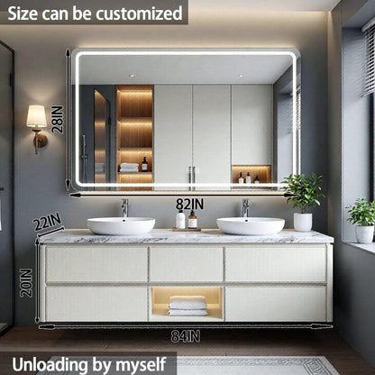60"-84"Floating White Bathroom Vanity with Marble Top & LED Mirror, Double Vessel Sinks