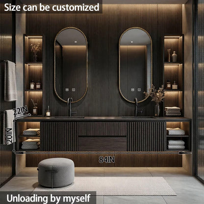 60"-84"Floating Dark Wood Bathroom Vanity with Double Sinks & LED Oval Mirrors
