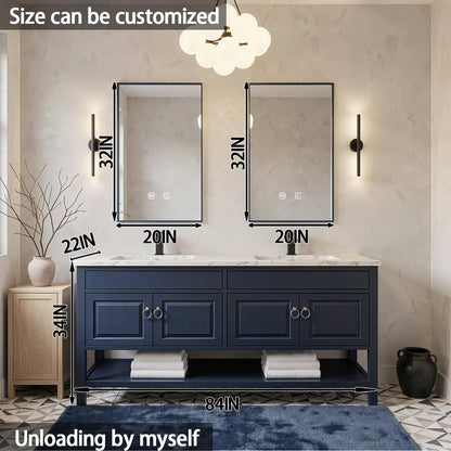 60”-84” Double Vanity, Navy Blue Cabinet with Marble Top & Black Metal Mirrors
