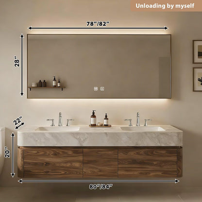 60”-84”Wall Mounted Double Sink Bathroom Vanity with LED Mirror, Wood Floating Cabinet with Marble Stone Top, Modern Minimalist