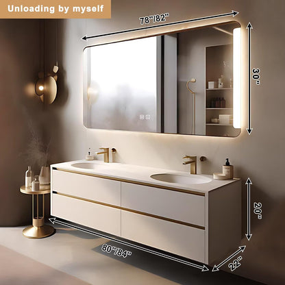 60”-84”Double Sink Floating Bathroom Vanity with LED Backlit Mirror, White Gold Cabinet
