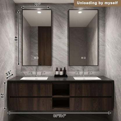 60”-84”Double Sink Floating Bathroom Vanity, Dark Walnut Cabinet with Open Shelf & LED Mirrors