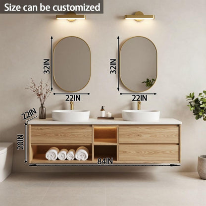 60"-84"Light Oak Floating Bathroom Vanity Set with Oval Gold Mirrors & Open Storage