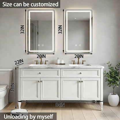 60”-84”Double Sink Freestanding Vanity with LED Mirrors, Off-White Cabinet & Marble Top