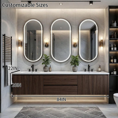60"-96" Modern Wall-Mounted Bathroom Vanity with Marble Top & LED Lighted Mirrors