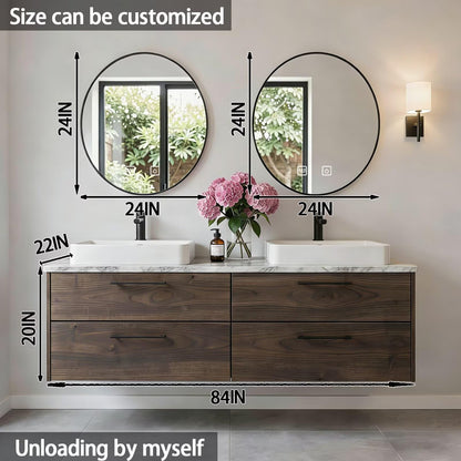 60”-84”Double Sink Floating Bathroom Vanity with Black Round Mirrors, Dark Wood Cabinet & Marble Top