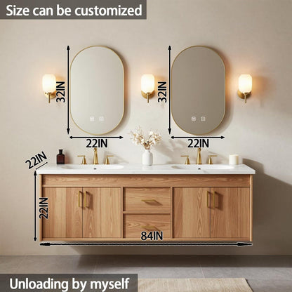 60"-84"Floating Oak Bathroom Vanity with Double Sinks & LED Oval Mirrors