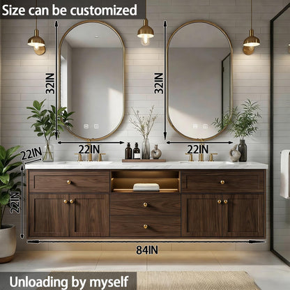 60"-84"Wall Mounted Walnut Bathroom Vanity with Double Sinks & Illuminated Open Shelf