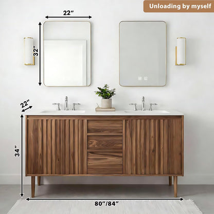 60”-84”Double Sink Freestanding Bathroom Vanity with 2 LED Mirrors, Walnut Wood Vanity with Fluted Panels & White Marble Top
