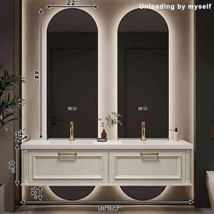 60”-84”Floating Double Sink Bathroom Vanity with LED Arch Mirrors, Wall Mounted Cream White Vanity with Gold Handles, Modern Bathroom Cabinet