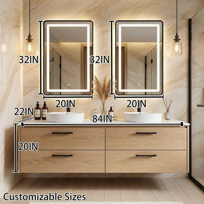 60"-96"Light Oak Floating Bathroom Vanity with Double Vessel Sinks & LED Mirrors
