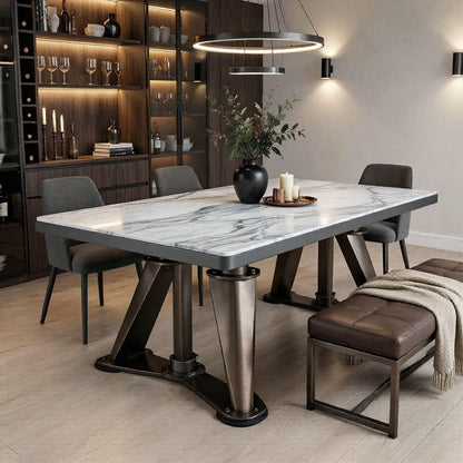 56“-96”White Marble Dining Table with Antique Bronze Industrial Base