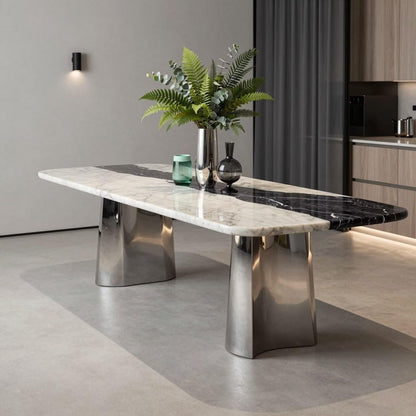 56"-96"Contemporary Black & White Marble Dining Table with Silver Base