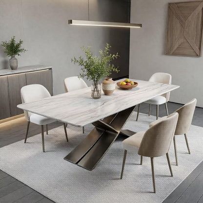 56"-88"White Marble Dining Table with Gunmetal X-Shaped Metal Base for 6 People