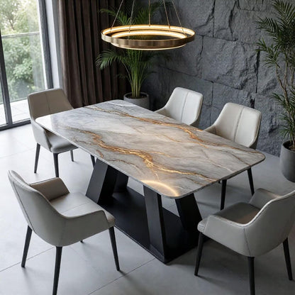 56"-88"Gray Marble Dining Table with Gold Vein & Black Metal Base for 6 People