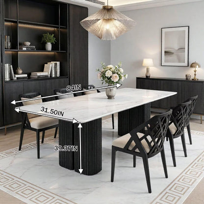 56"-96"White Marble Dining Table with Black Fluted Base for 6-8 People