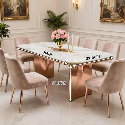 56"-88"Luxury Marble Dining Table with Rose Gold Base & Ornate Gold Trim
