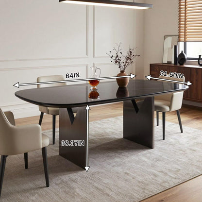 56"-88"Black Marble Oval Dining Table with Dark Wood Base for 4-6 People