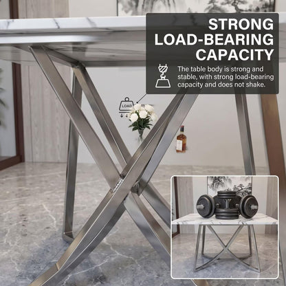 56"-96"Modern Rectangular Marble Dining Table with Polished Silver Metal Legs