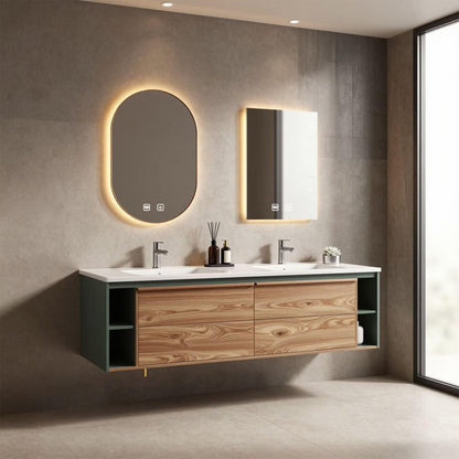 60"-96"Contemporary Floating Bathroom Vanity, Double Sink with Open Side Cabinets