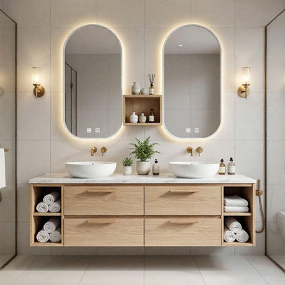 60“-96”Contemporary Oak Bathroom Vanity with Marble Countertop & LED Backlit Mirrors