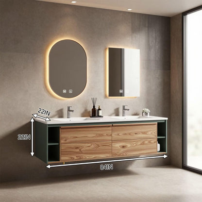 60"-96"Contemporary Floating Bathroom Vanity, Double Sink with Open Side Cabinets