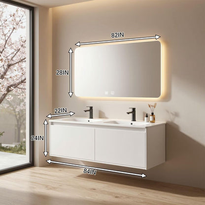 60"-96"White Floating Double Bathroom Vanity with Integrated Sinks & LED Backlit Mirror