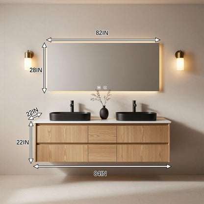 60"-96"Light Oak Bathroom Vanity with Double Sink & Wall-Mounted Drawers