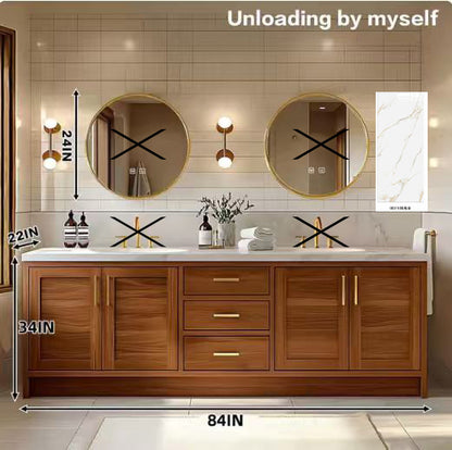 68” - 96” Wood Grain Bathroom Vanity with Exquisite Handle and Round Mirror