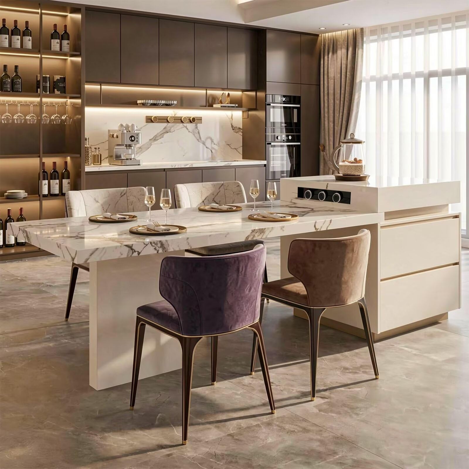 86"-102"Elegant Marble Kitchen Island Dining Set with Gold Accents & Modern Storage