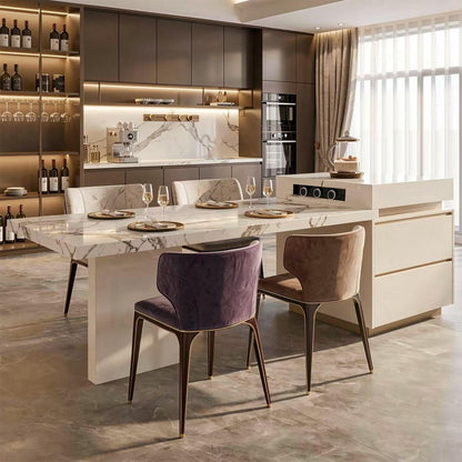 86"-102"Elegant Marble Kitchen Island Dining Set with Gold Accents & Modern Storage