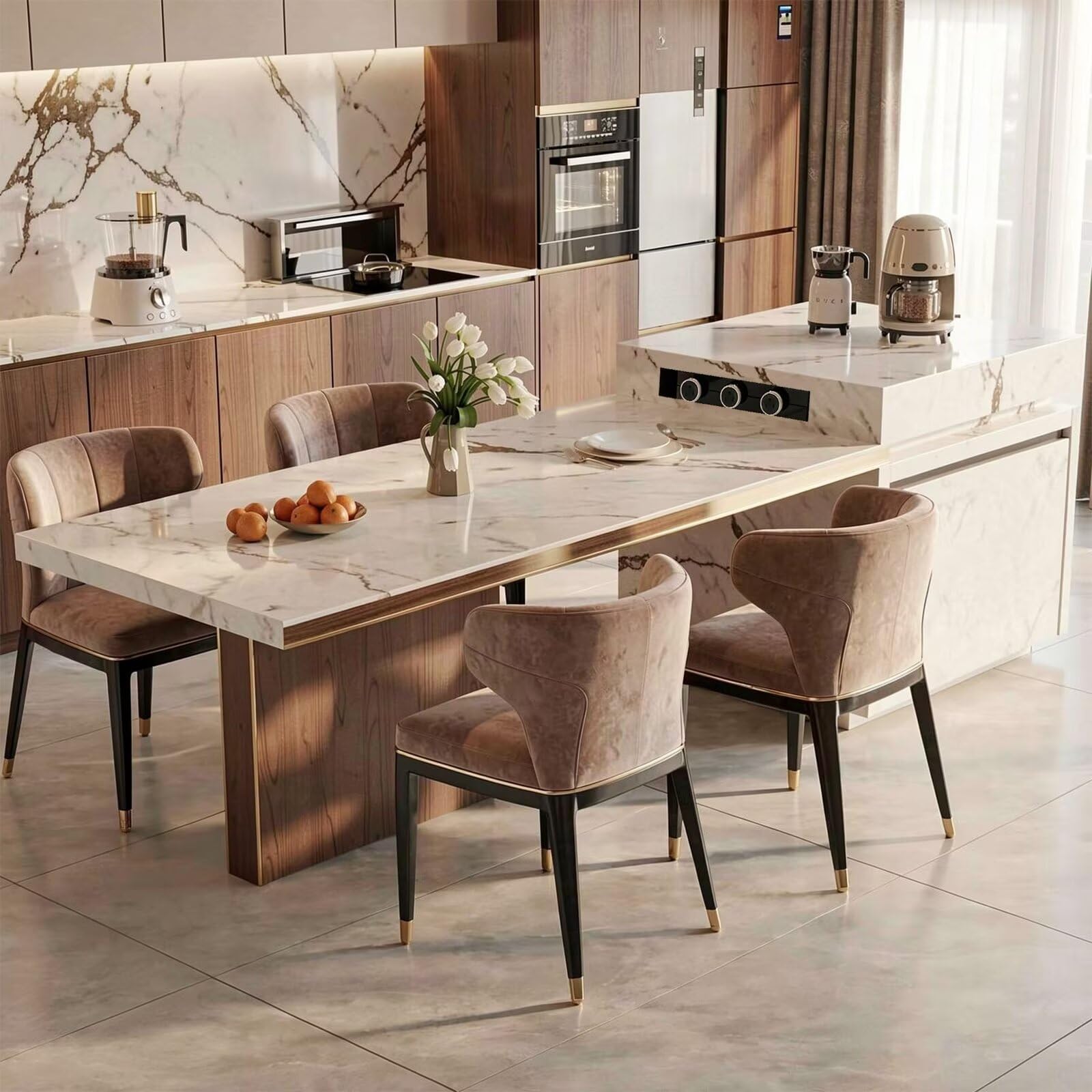 86"-102"Luxury Marble & Wood Kitchen Island Dining Combo with Built-in Outlets & Gold Trim