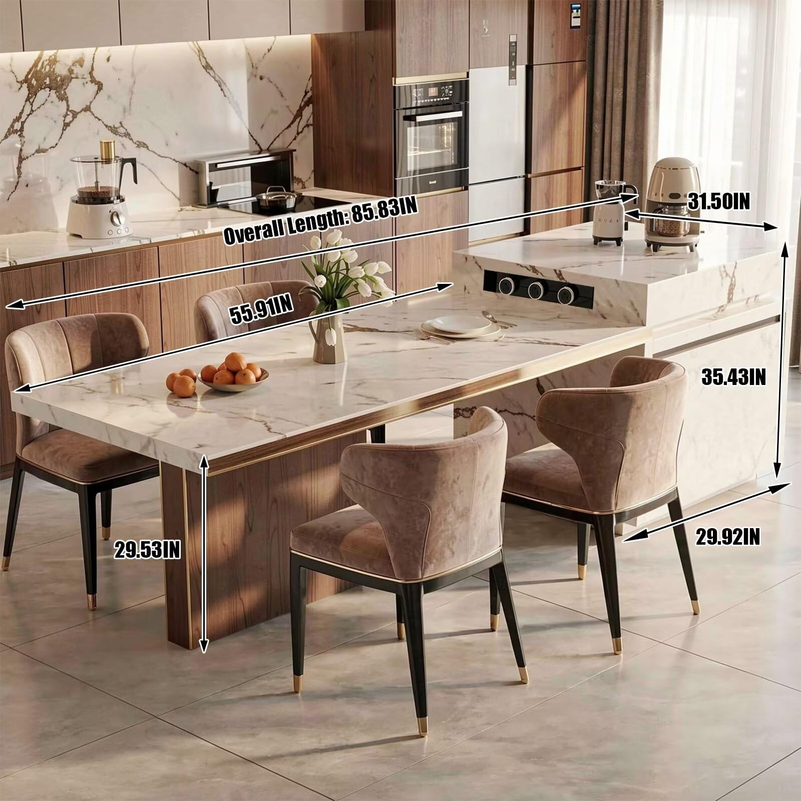 86"-102"Luxury Marble & Wood Kitchen Island Dining Combo with Built-in Outlets & Gold Trim