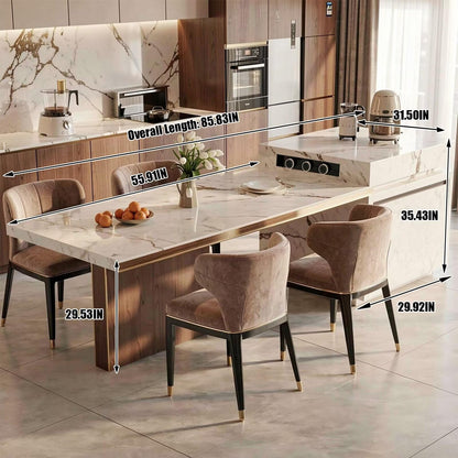 86"-102"Luxury Marble & Wood Kitchen Island Dining Combo with Built-in Outlets & Gold Trim