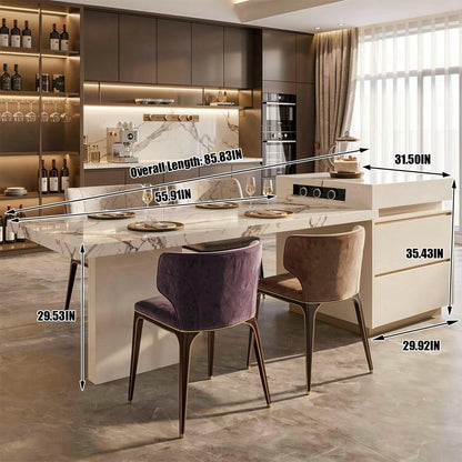 86"-102"Elegant Marble Kitchen Island Dining Set with Gold Accents & Modern Storage