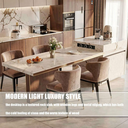 86"-102"Luxury Marble & Wood Kitchen Island Dining Combo with Built-in Outlets & Gold Trim